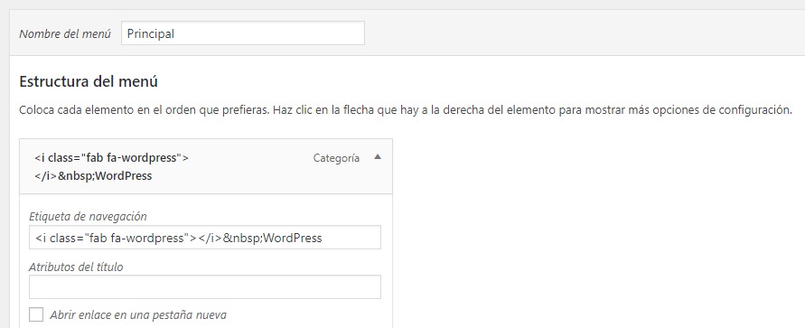 Modificar la configuración para insertar el código del icono elegido